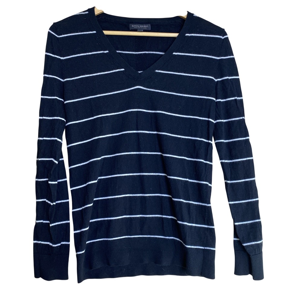Banana Republic Women M Sweater Navy Blue White Striped 100% Merino Wool V-Neck